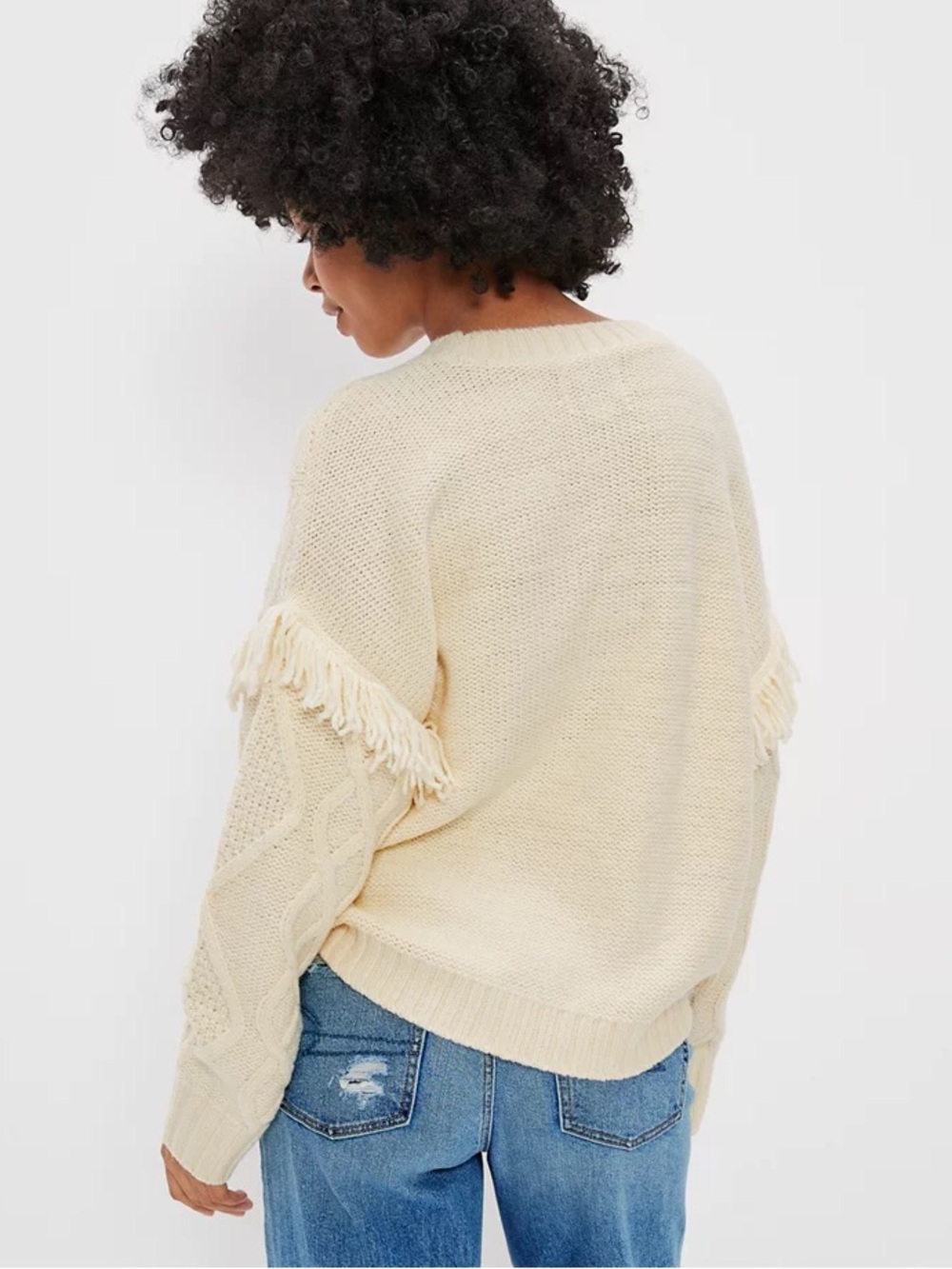 American Eagle Cream Cable Knit Fringe Sweater XL